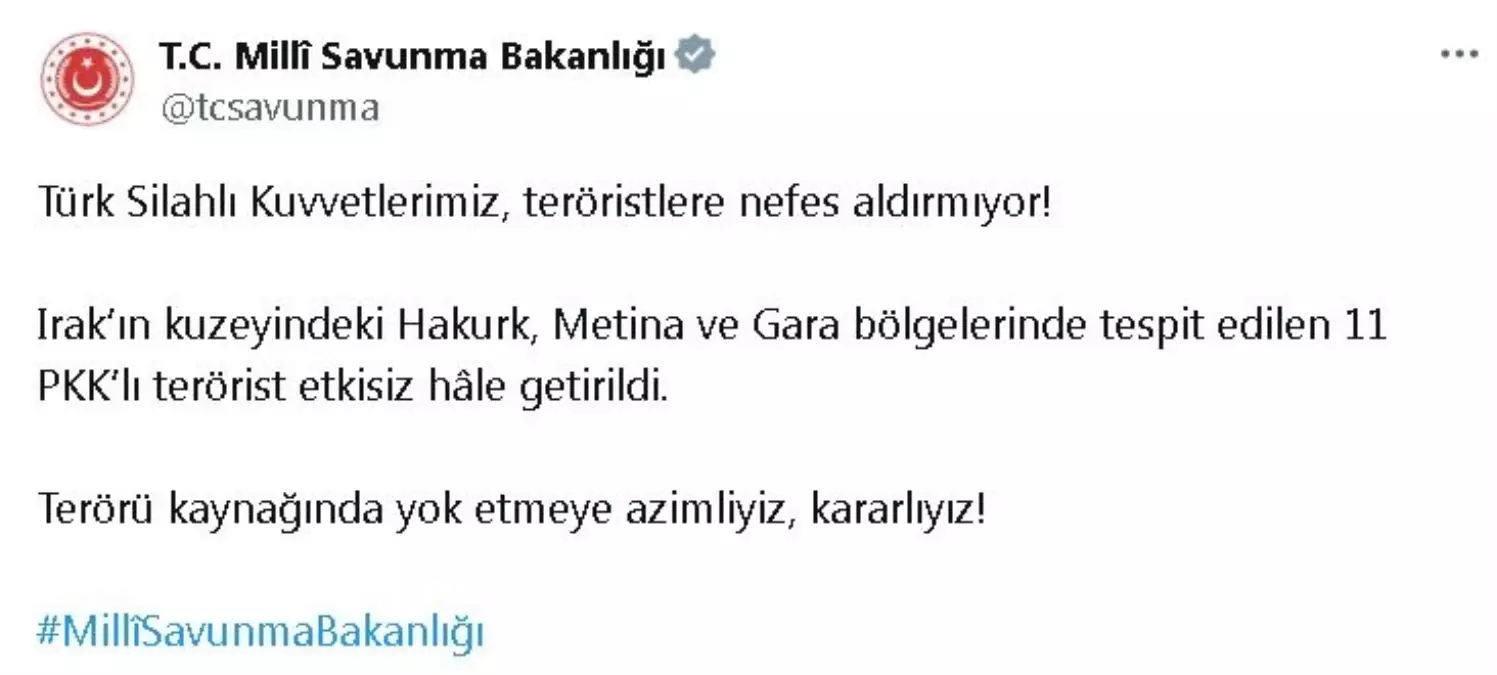 Irak’ın Kuzeyinde 11 PKK’lı Terörist Etkisiz Hale Getirildi